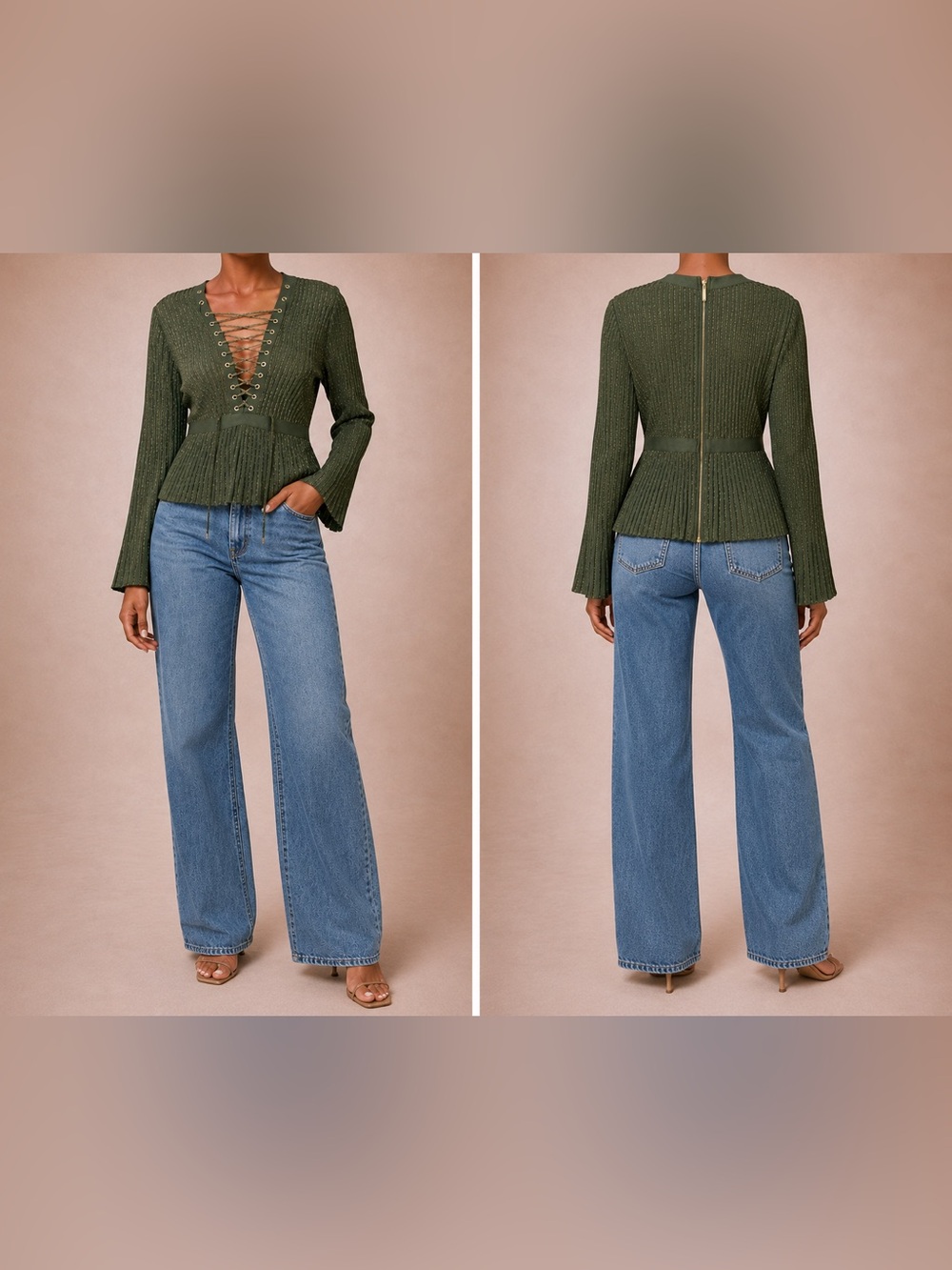 Elie Saab Olive Lace-Up Ribbed Knit Peplum Sweater